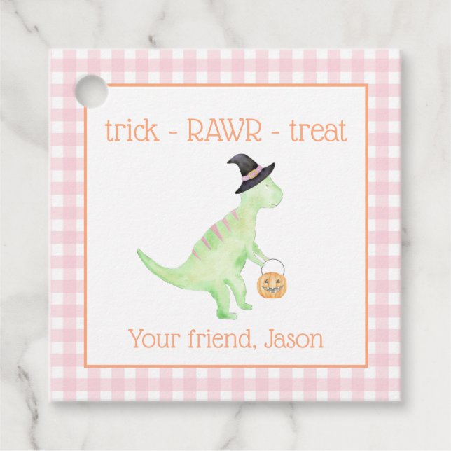 Dinosaur Leckerei Rawr Pink Orange Halloween Kinde Geschenkanhänger (Vorderseite)