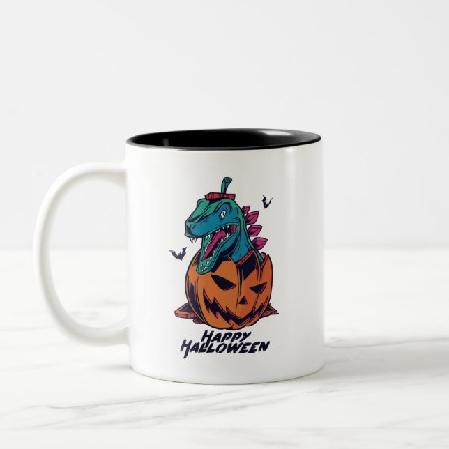 Dinosaur Monster Kürbislaterne Kürkin Halloween Zweifarbige Tasse (Links)