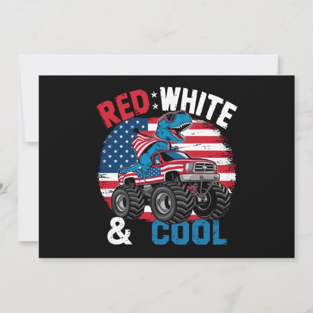 Dinosaur Monster Truck Dino 4. Juli Flaggenjungen Einladung (Vorderseite)