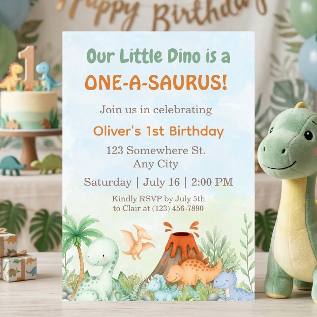 Dinosaur One-A-Saurus 1. Geburtstag  Einladung (Dinosaur One-A-Saurus 1st Birthday Invitation)