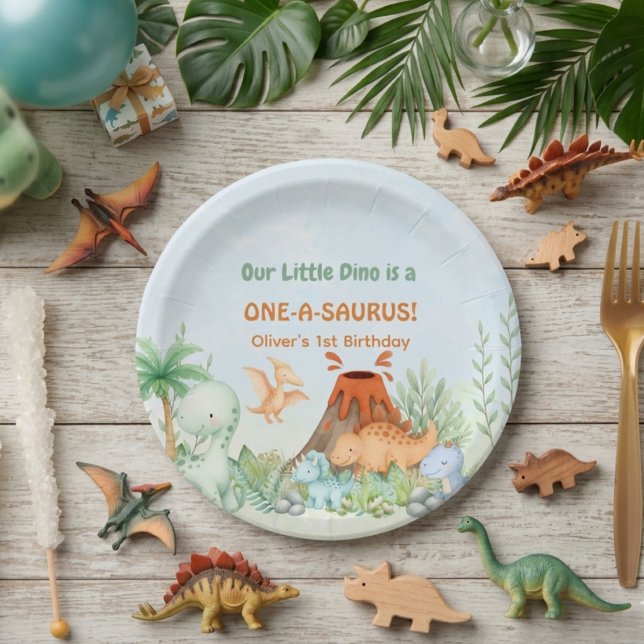 Dinosaur One-A-Saurus 1. Geburtstag  Pappteller (One-A-Saurus Dinosaur 1st Birthday  Paper Plate)