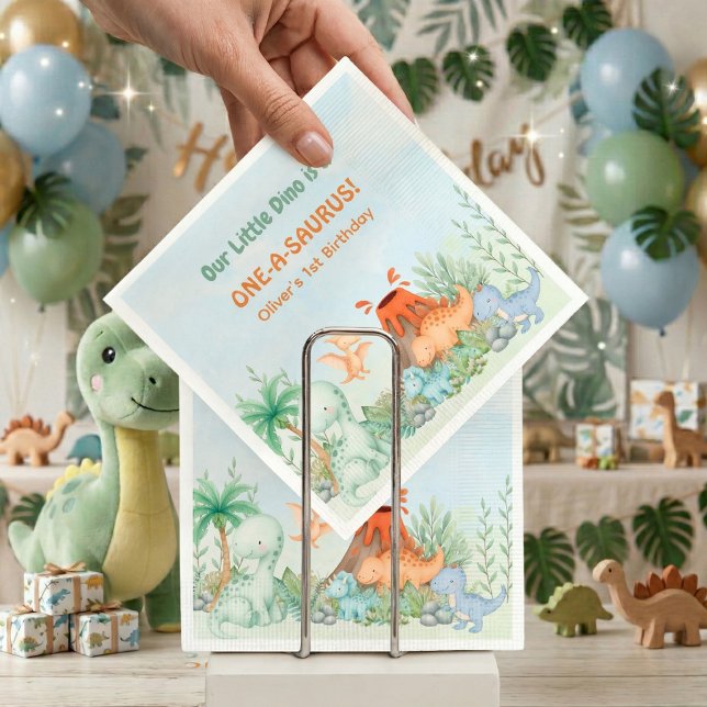 Dinosaur One-A-Saurus 1. Geburtstag Serviette (One-A-Saurus Dinosaur 1st Birthday Paper Napkins)