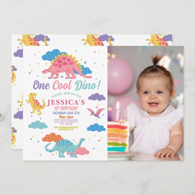 Dinosaur One Rex Niedlich Girls 1st Pink Party Fot Einladung (Vorne/Hinten)