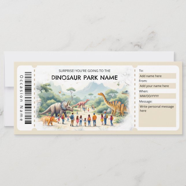 Dinosaur-Park-Ticket-Geschenkgutschein-Vorlage Einladung (Vorderseite)