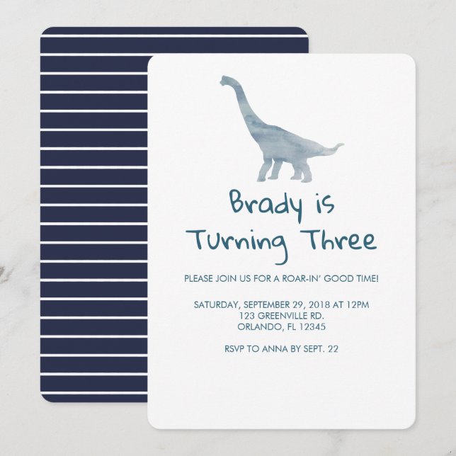 Dinosaur Party Blue Stripe Einladung (Vorne/Hinten)