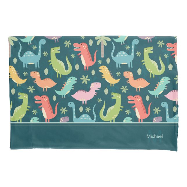 Dinosaur Pattern Blue Mit Monogramm Kid Boy Kissenbezug (Vorderseite)