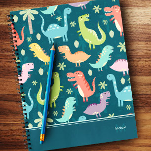 Dinosaur Pattern Blue Mit Monogramm Kid Boy Notizbuch