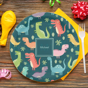 Dinosaur Pattern Blue Mit Monogramm Kid Boy Party Pappteller
