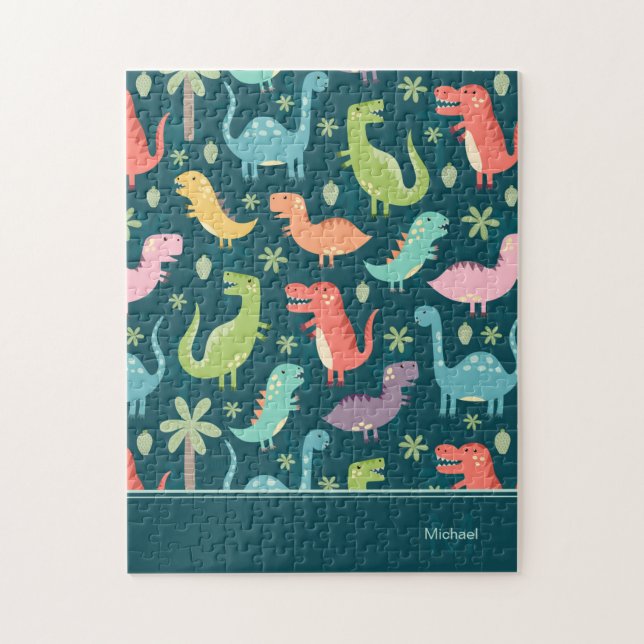 Dinosaur Pattern Blue Mit Monogramm Kid Boy Puzzle (Vertikal)