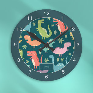 Dinosaur Pattern Blue Mit Monogramm Kid Boy Runde Wanduhr