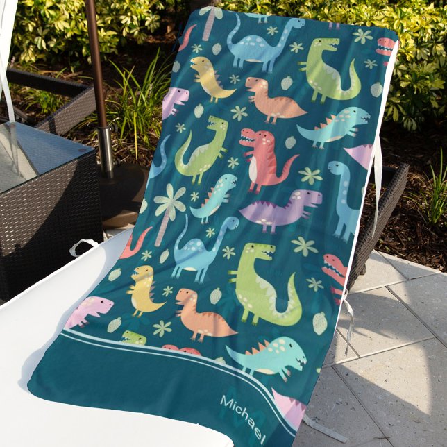 Dinosaur Pattern Blue Mit Monogramm Kid Boy Strandtuch (Von Creator hochgeladen)