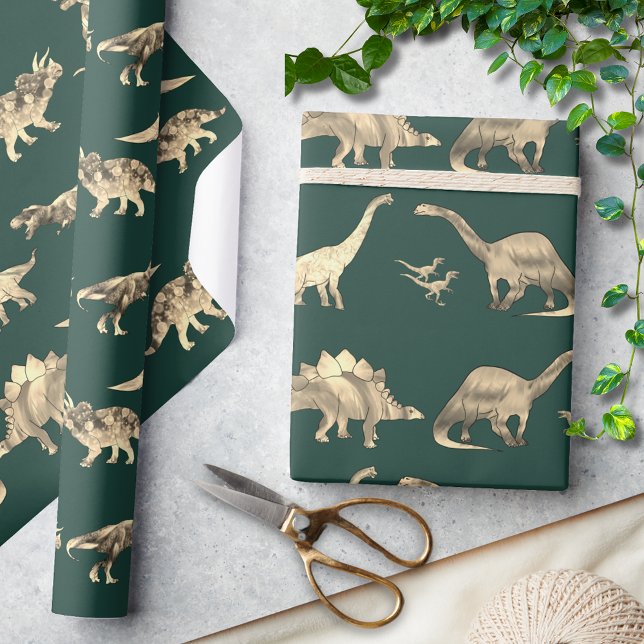 Dinosaur Pattern Green Geschenkpapier (Dinosaur pattern green wrapping paper for dino lovers includes T-Rex velociraptor stegosaurus )