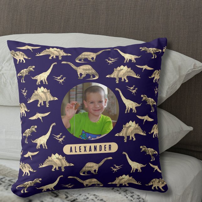 Dinosaur Personalisiert Boys Foto und Name Kissen (Dinosaur pattern personalized name and photo navy blue pillow T-Rex velociraptor stegosaurus dinos)