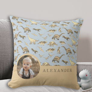 Dinosaur Personalisiertes Foto und Name Blau Kissen