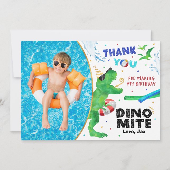 Dinosaur Pool Party Danke, Card mit Foto Dankeskarte (Vorderseite)