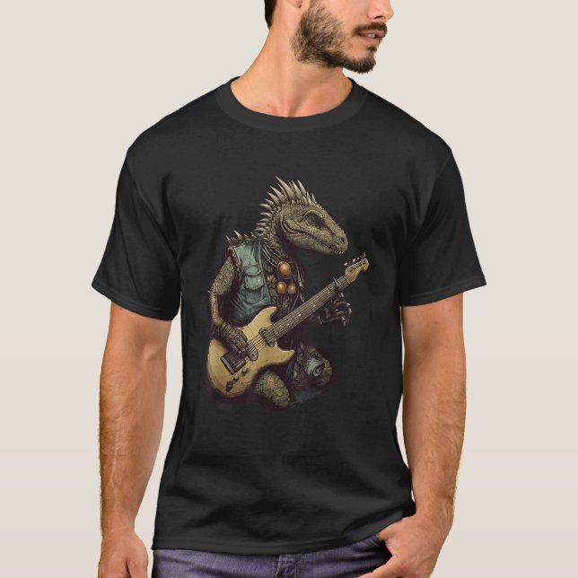 Dinosaur Punk Dino Funny Velociraptor Playing Guit T-Shirt (Vorderseite)
