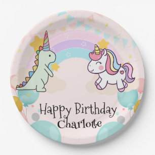 Dinosaur Rainbow Unicorn-Gradientengeburtstag Pappteller