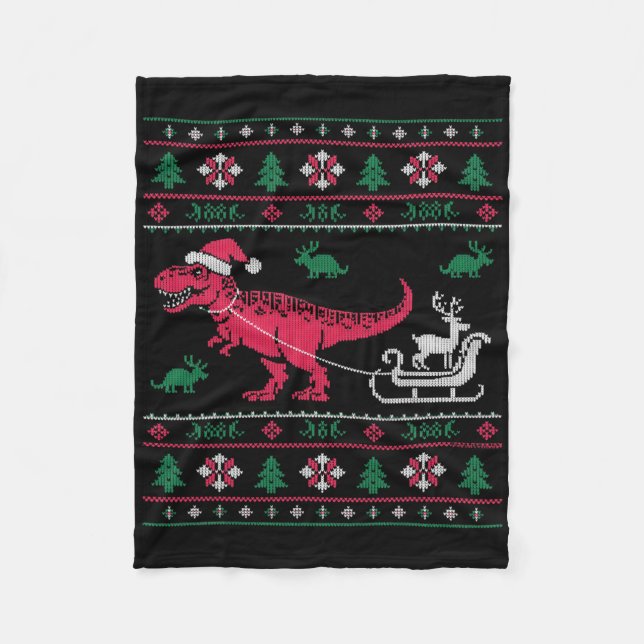 Dinosaur Reindeer Sleigh Ugly Christmas  Fleecedecke (Vorderseite)
