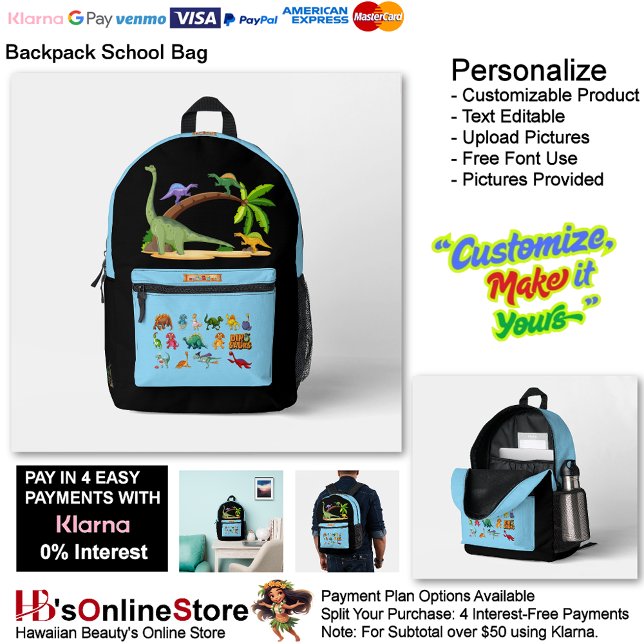 Dinosaur Reptiles Black & Blue School Backpack 26 Bedruckter Rucksack (Dinosaur Reptiles Black & Blue School Backpack 26.)