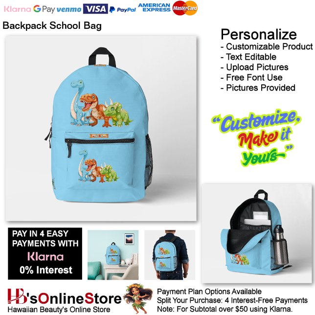 Dinosaur Reptiles Blue School Backpack 15 Bedruckter Rucksack (Dinosaur Reptiles Black & Blue School Backpack 16.)