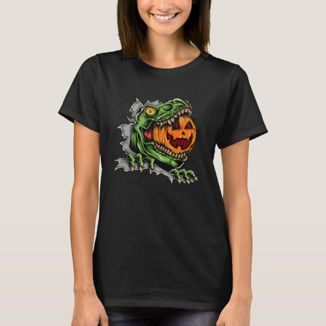 Dinosaur Rex Eat Pumpkin Scary Halloween T-Shirt (Vorderseite)