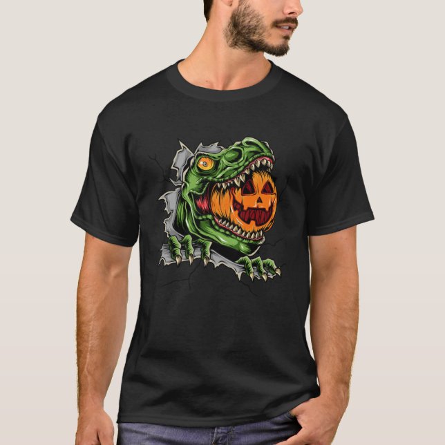 Dinosaur Rex Eat Pumpkin Scary Halloween T-Shirt (Vorderseite)