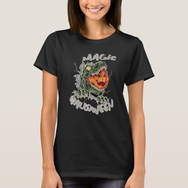 Dinosaur Rex Pumpkin Magic Halloween T-Shirt (Vorderseite)
