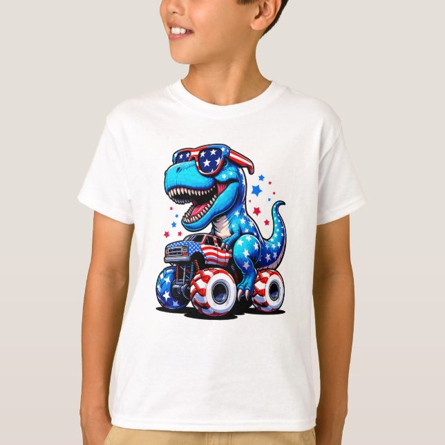Dinosaur Riding American Flag Truck 4. Juli T-Shirt (Vorderseite)