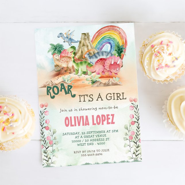 Dinosaur Roar Baby Shower Girl Party Einladung (Von Creator hochgeladen)