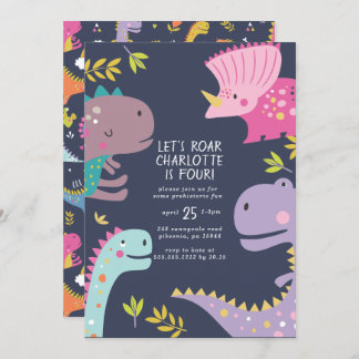 Dinosaur Roar Girls Geburtstag Lila Einladung