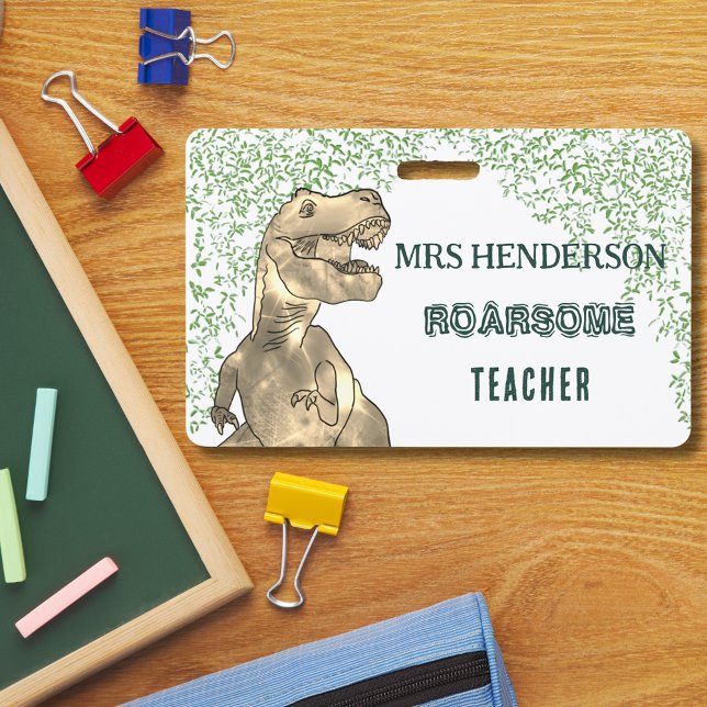 Dinosaur Roarsome School Teacher Name Ausweis (Fun T-Rex dinosaur roarsome school teacher personalized name badge lanyard green typography )