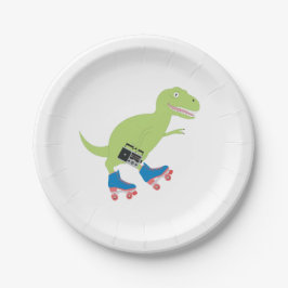 Dinosaur Roller Skaten Holding Radio Pappteller