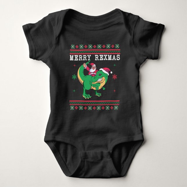Dinosaur Santa T-Rex Ugly Christmas Sweater Baby Strampler (Vorderseite)
