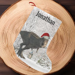 Dinosaur Santa Tyrannosaurus T-rex Name Winter Kleiner Weihnachtsstrumpf<br><div class="desc">Dieses Design kann in dem Bereich personalisiert werden, der durch das Ändern des Fotos und/oder Textes zur Verfügung gestellt wird. Sie können auch angepasst werden, indem Sie auf Vorlage personalisieren klicken und dann auf die Schaltfläche klicken, um weitere Optionen anzupassen, um die Hintergrundfarbe zu löschen oder zu ändern, Text hinzuzufügen,...</div>