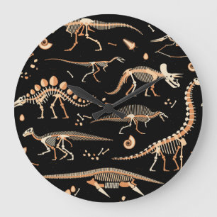 Dinosaur-Skelette, Fossilien, altes Muster. Große Wanduhr
