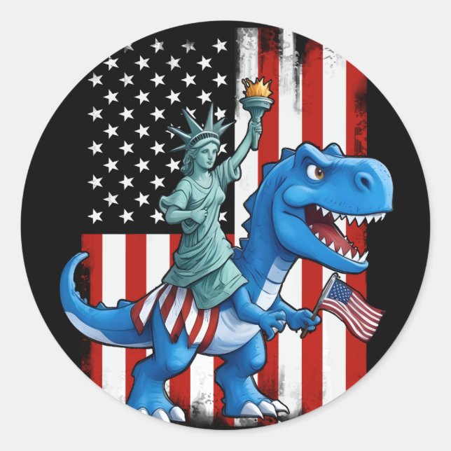 Dinosaur Statue Liberty 4. Juli Amerikanische Flag Runder Aufkleber (Vorderseite)
