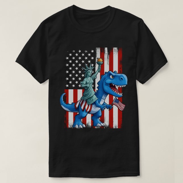 Dinosaur Statue Liberty 4. Juli Amerikanische Flag T-Shirt (Design vorne)