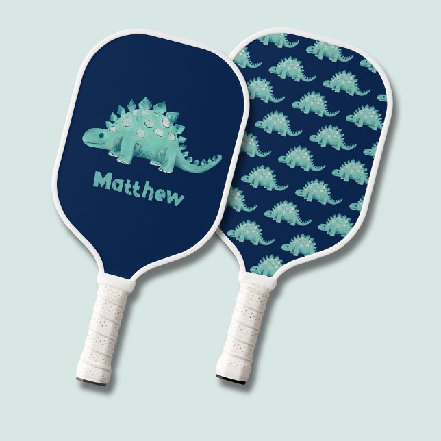 Dinosaur Stegosaurus Kids Pickleball Schläger (Cute dinosaur stegosaurus pickleball paddle. Personalize with your own name. Pattern to one side.)