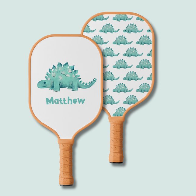 Dinosaur Stegosaurus Kids Pickleball Schläger (Cute dinosaur stegosaurus pickleball paddle.  Pattern to one side.  Personalize with your own name.)