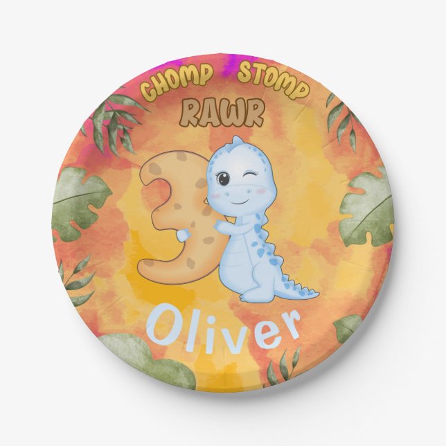 Dinosaur Stomp Chomp Rawr 3. Party Pappteller (Vorderseite)