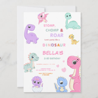 Dinosaur Stomp Chomp Rawr Birthday GIRL Party Einladung