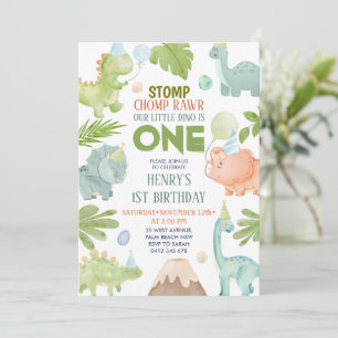 Dinosaur Stomp Chomp Rawr Boy Dino 1. Geburtstag Einladung