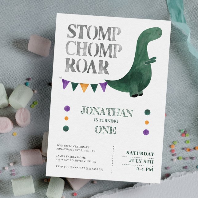 Dinosaur Stomp Chomp Roar 1. Geburtstag Party Einladung (Von Creator hochgeladen)