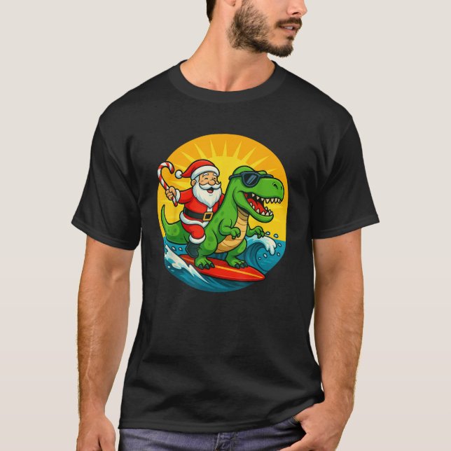 Dinosaur Surfs with Santa Kids Christmas in July H T-Shirt (Vorderseite)