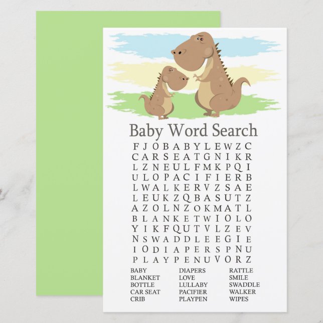 Dinosaur T-rex Baby Shower Word Search Game (Vorne/Hinten)