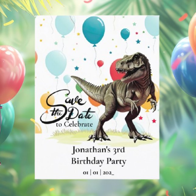 Dinosaur T-Rex Balloons Save the Date Postkarte (Let’s Get Ready for the Dino Party!)
