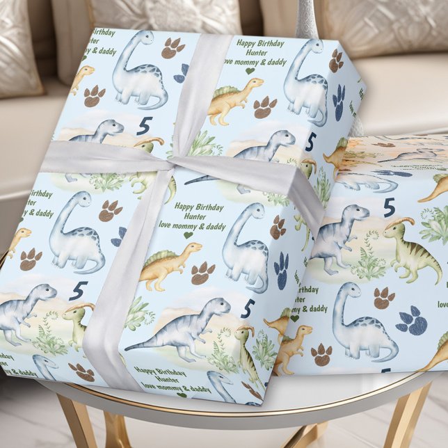 Dinosaur T rex Blue Boy Geburtsname Geschenkpapier (Dinosaur T rex Blue Boy Birthday Name Wrapping Paper)