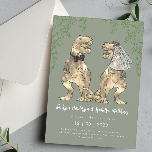 Dinosaur T-Rex Bride & Groom Sage Green Wedding Einladung (Funny Dinosaur T-Rex bride and groom sage green and white wedding invitation )