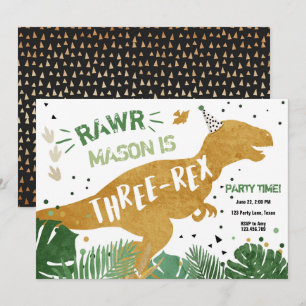 Dinosaur T-Rex Drei-Rex RAWR Gold Boy Birthday Einladung