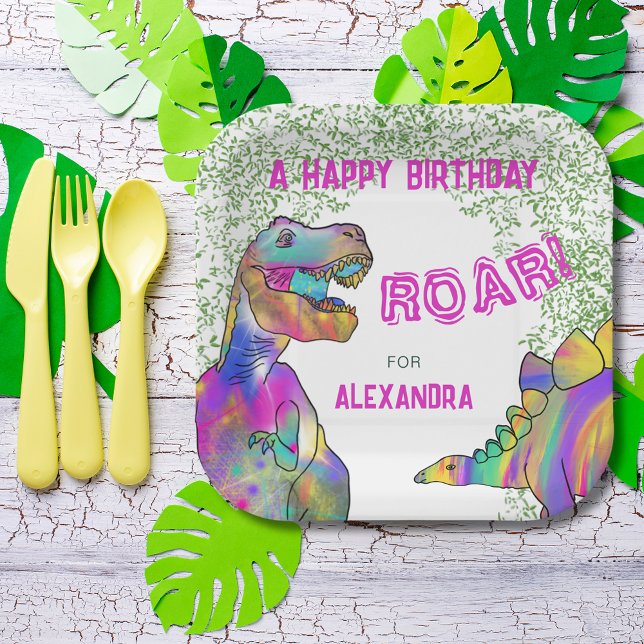 Dinosaur T-Rex Geburtstagsparty Pink Pappteller (Colorful dinosaur girls birthday party custom paper plates )